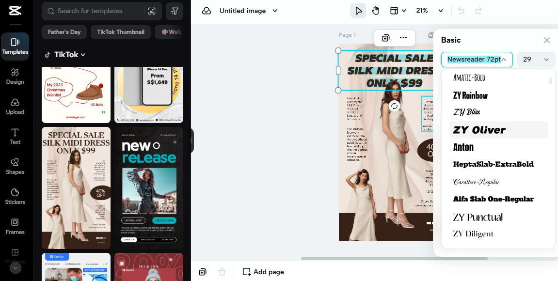 CapCut editor showcasing a TikTok template for online store creation with a silk midi dress sale and text editing options.